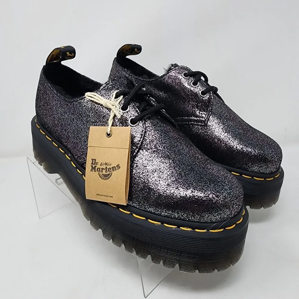 Dr Martens Shoes Women 10 Metallic Leather Faux Fur Lined Platform Oxford Shinny